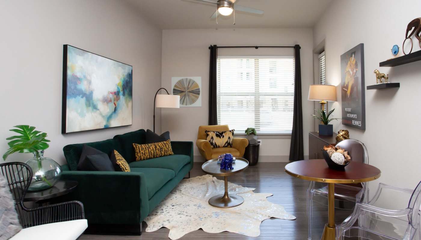 Apartment living room at MELA in San Antonio, Texas