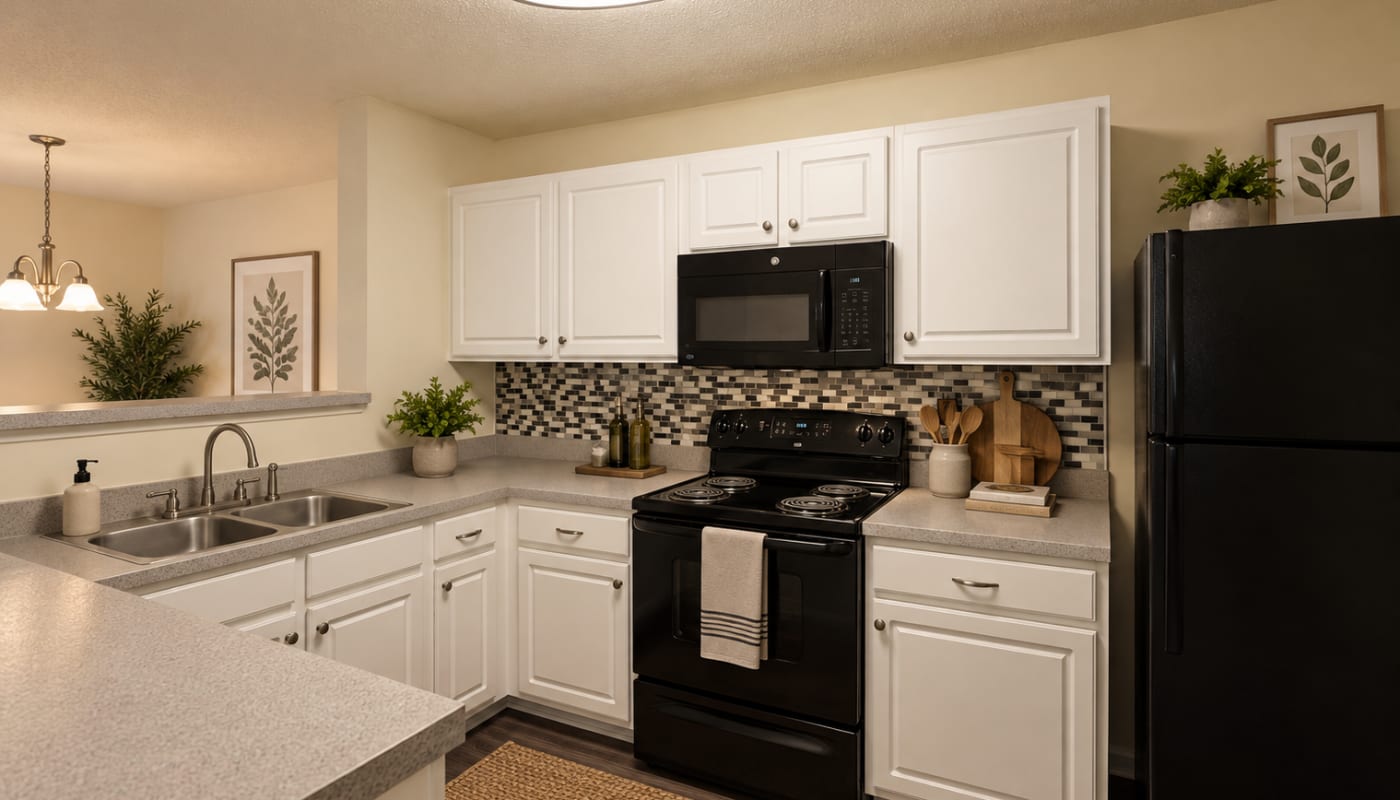 Apartment kitchen with storage at Camellia Trace in Jackson, Tennessee