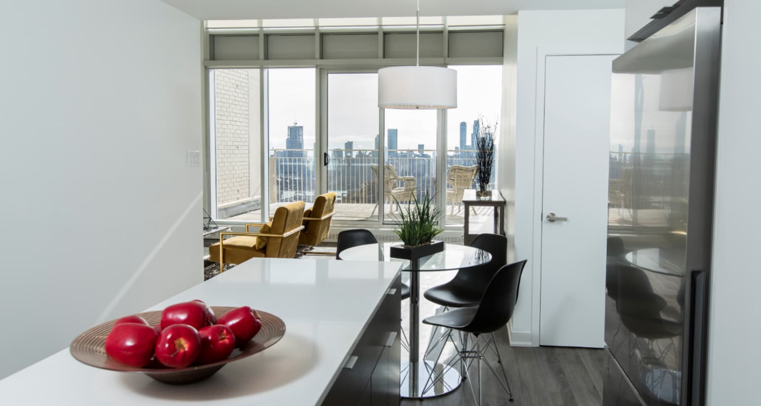 Ceiling to floor windows with a city view are offered at the Bretton Place penthouses