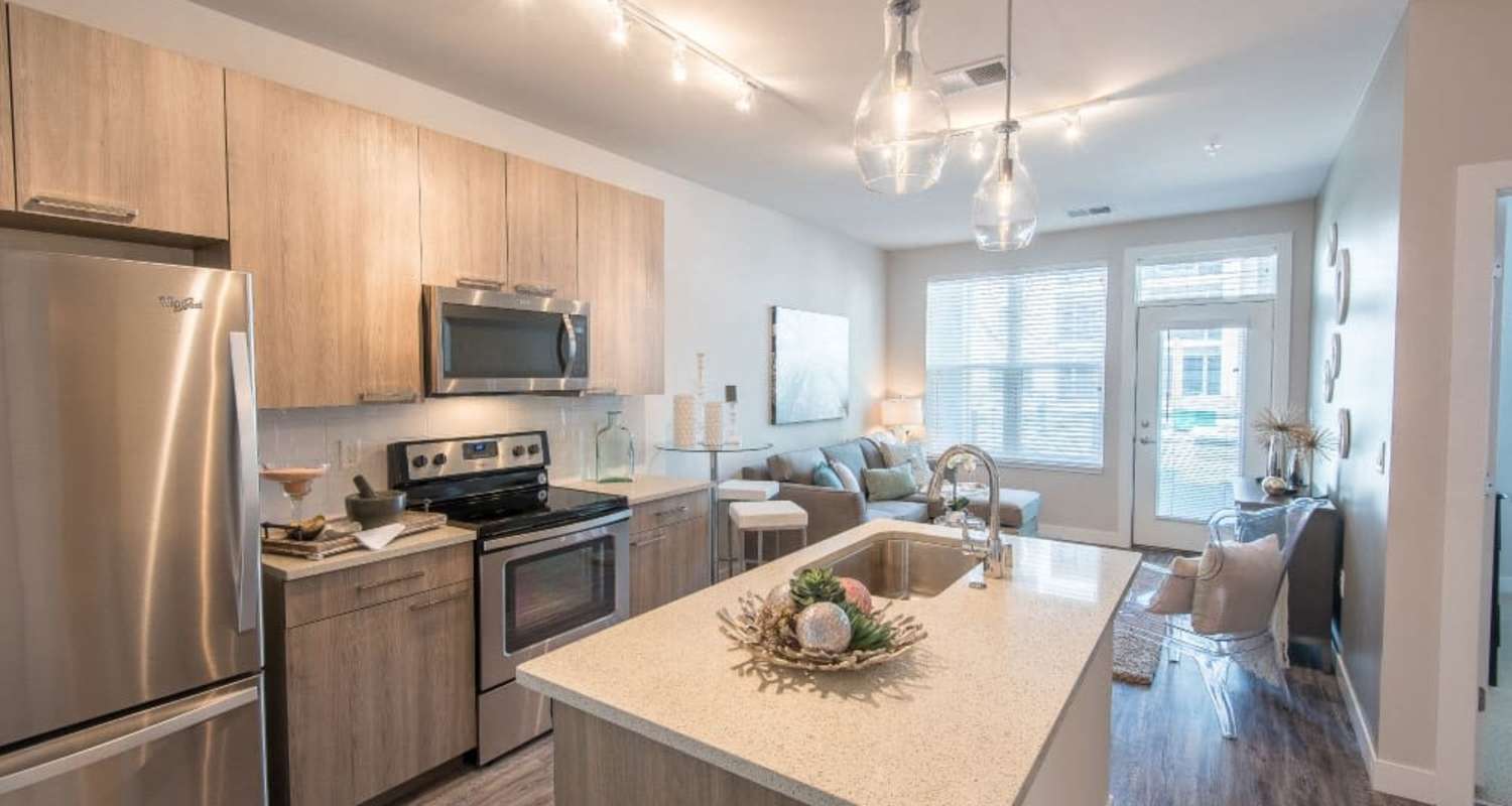 Beautifully furnished kitchen with island at Mayfair Reserve in Wauwatosa, Wisconsin