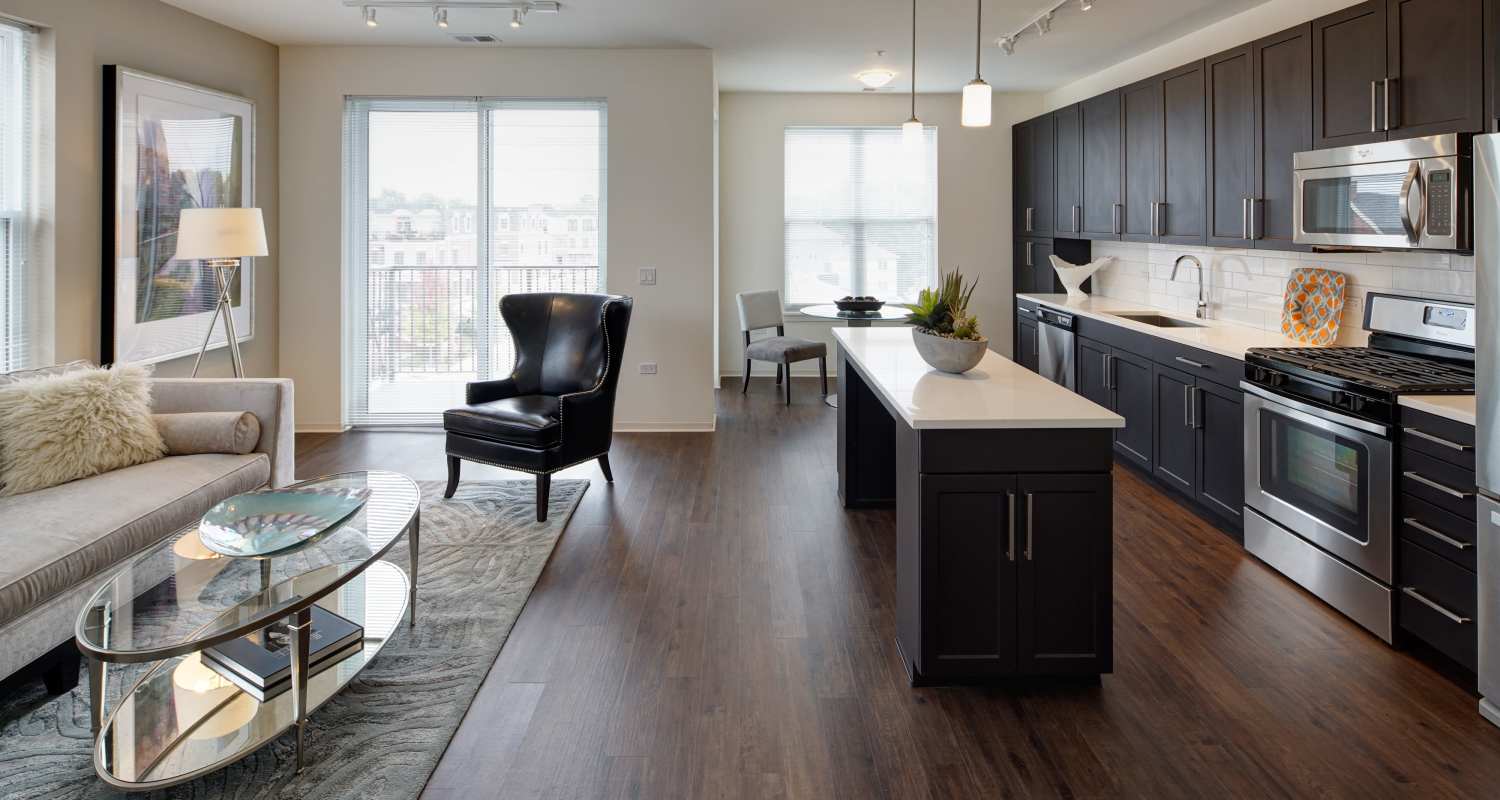 Open concept kitchen at Courthouse Square Apartments in Wheaton, IL