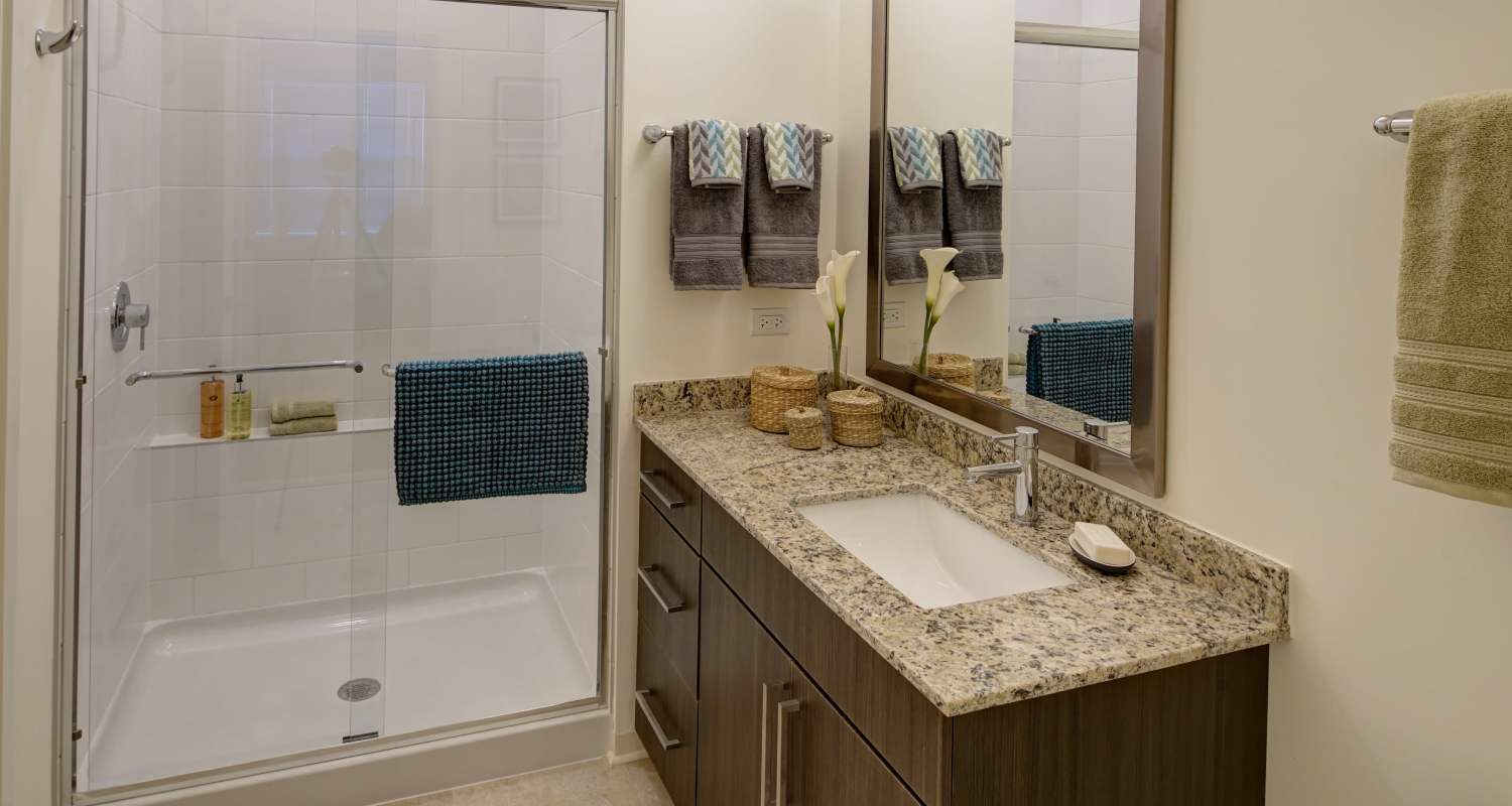 bathroom at Courthouse Square Apartments in Wheaton, IL