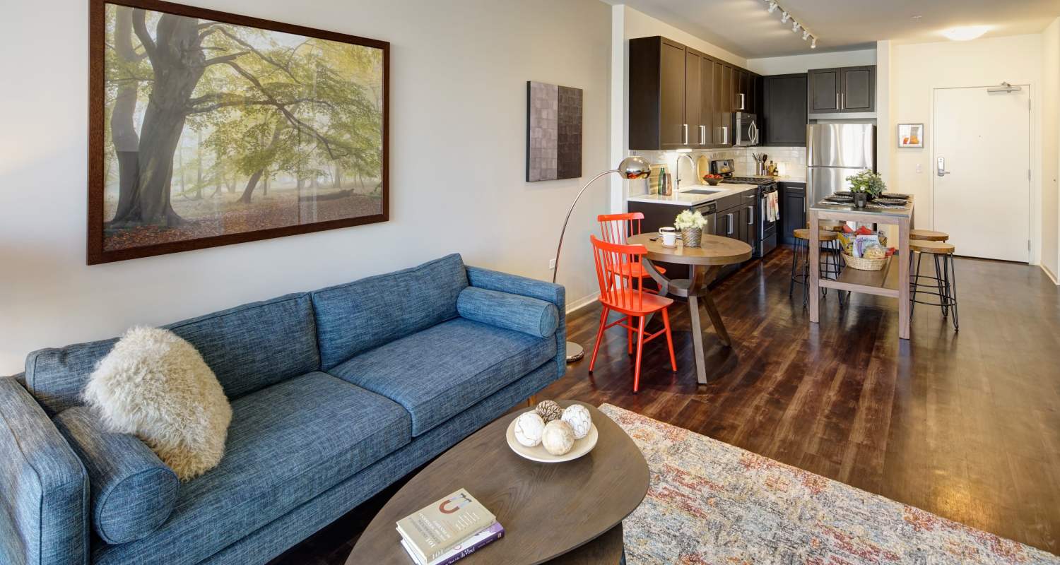 Living room at Courthouse Square Apartments in Wheaton, IL