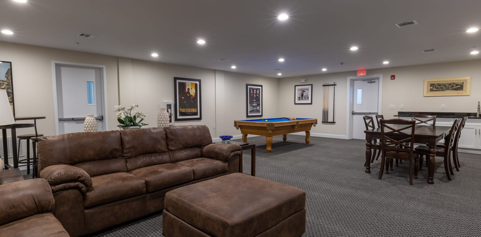 Clubhouse area with couches to relax at Zephyr Ridge in Cedar Grove, New Jersey