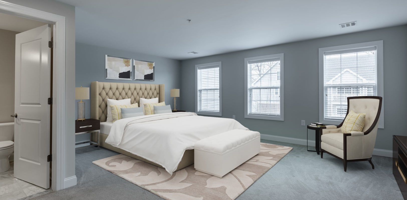 Model bedroom with lots of windows for light at Zephyr Ridge in Cedar Grove, New Jersey