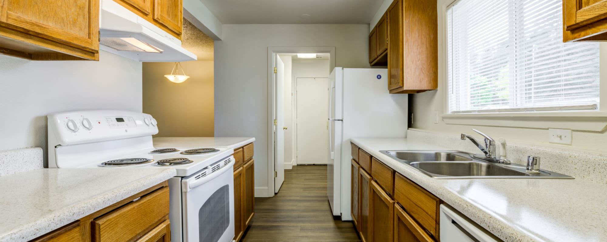 Gally kitchen with ample storage at Madigan in Joint Base Lewis McChord, Washington