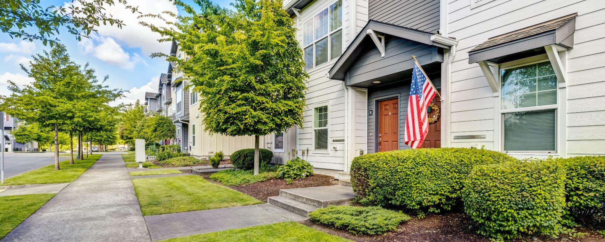 Exterior view of our townhomes at Town Center in Joint Base Lewis McChord, Washington