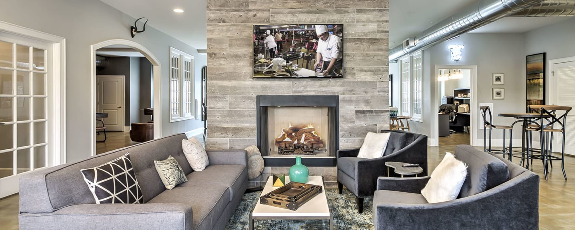 Fireside seating in the clubhouse at Retreat at the Park in Burlington, North Carolina