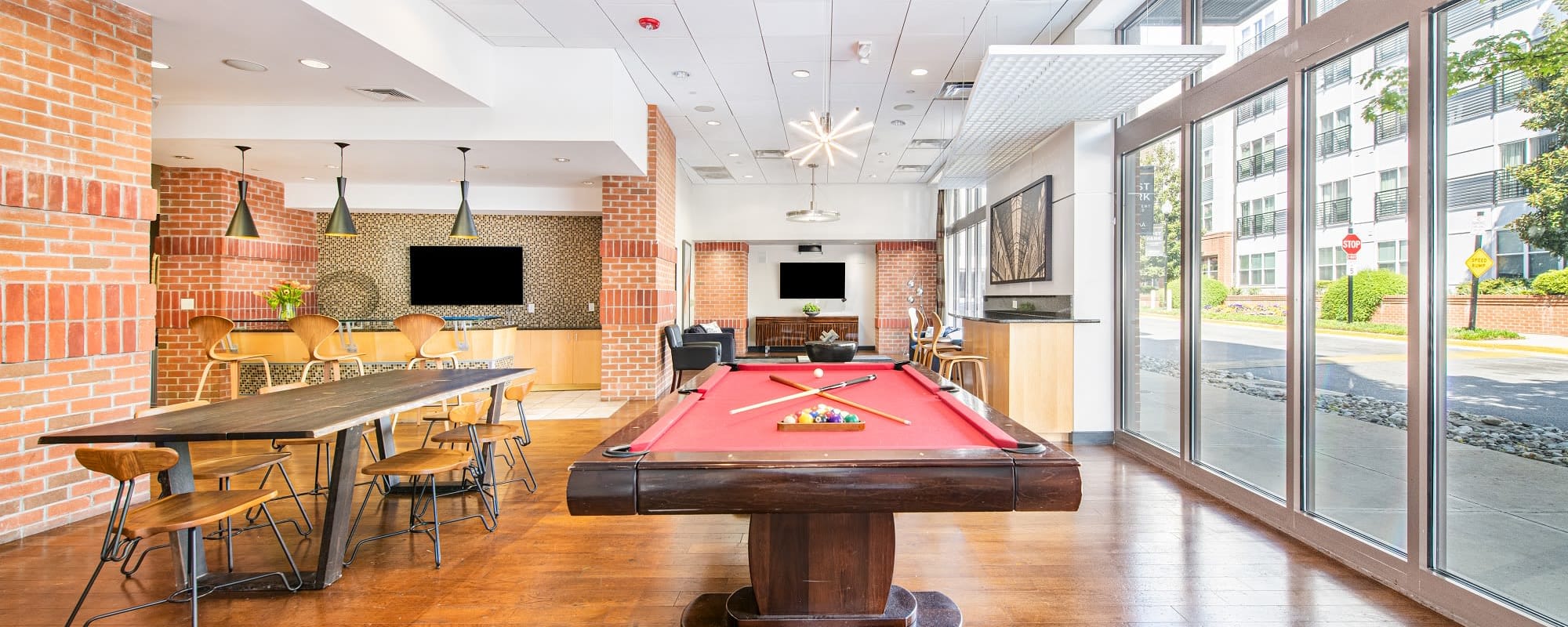 A billiards table in the community clubhouse at Mode at Hyattsville in Hyattsville, Maryland