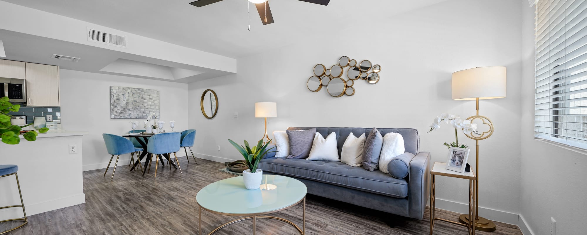 Model living room with hardwood floors at Park at 33rd in Phoenix, Arizona