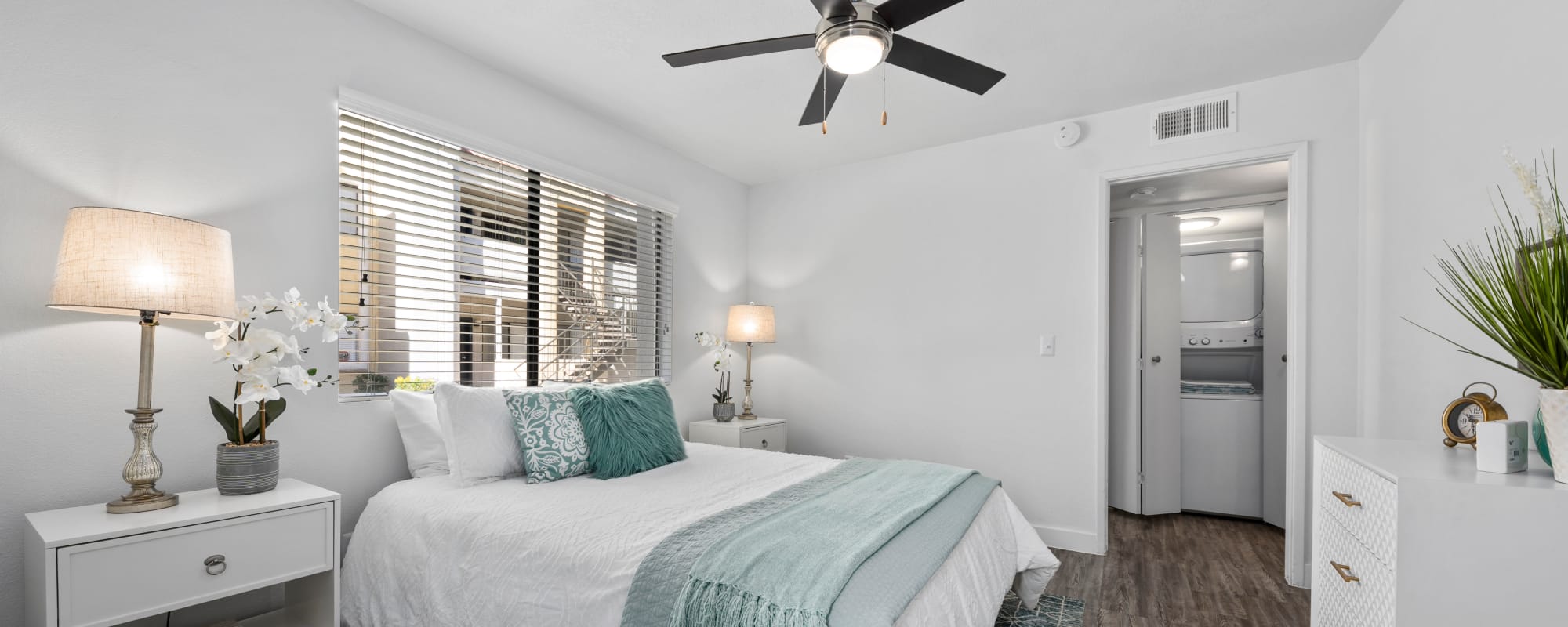 Bedroom with ceiling fan at Park at 33rd in Phoenix, Arizona