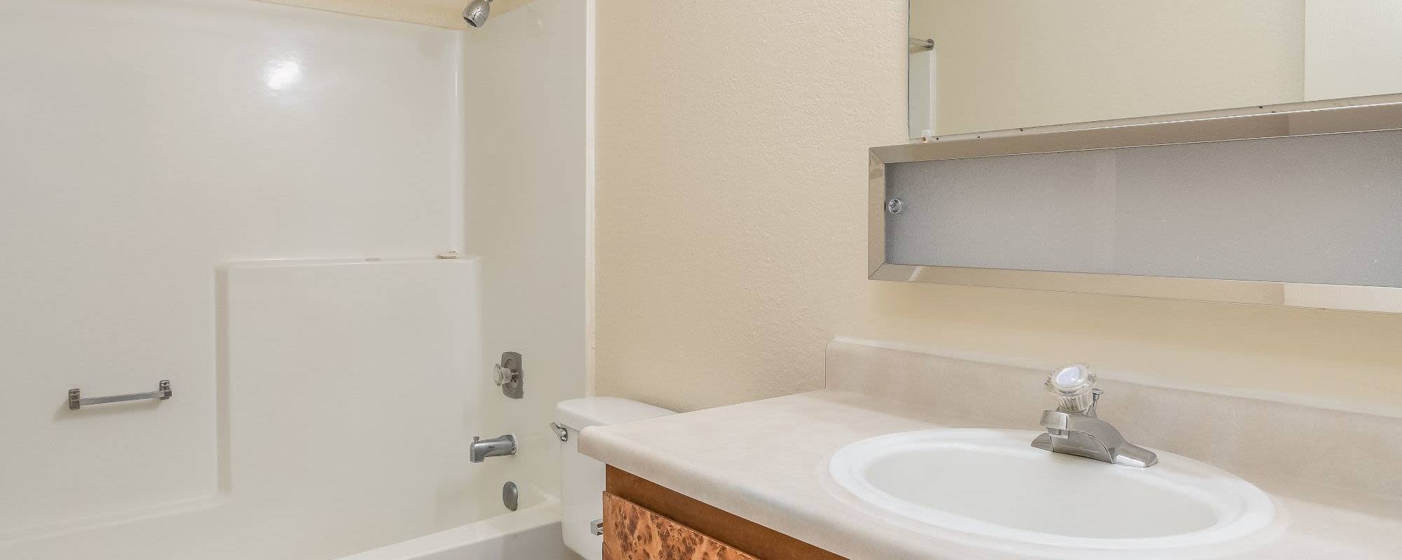 Standard bathroom with a large counter at Rosewood Park Apartments in Reno, Nevada