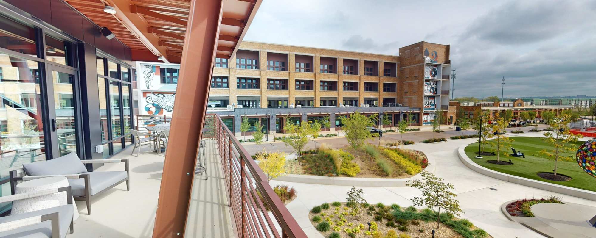 Leasing Office Balcony over looking the Central Green Park at Factory 52 Apartments & Townhomes in Norwood, OH