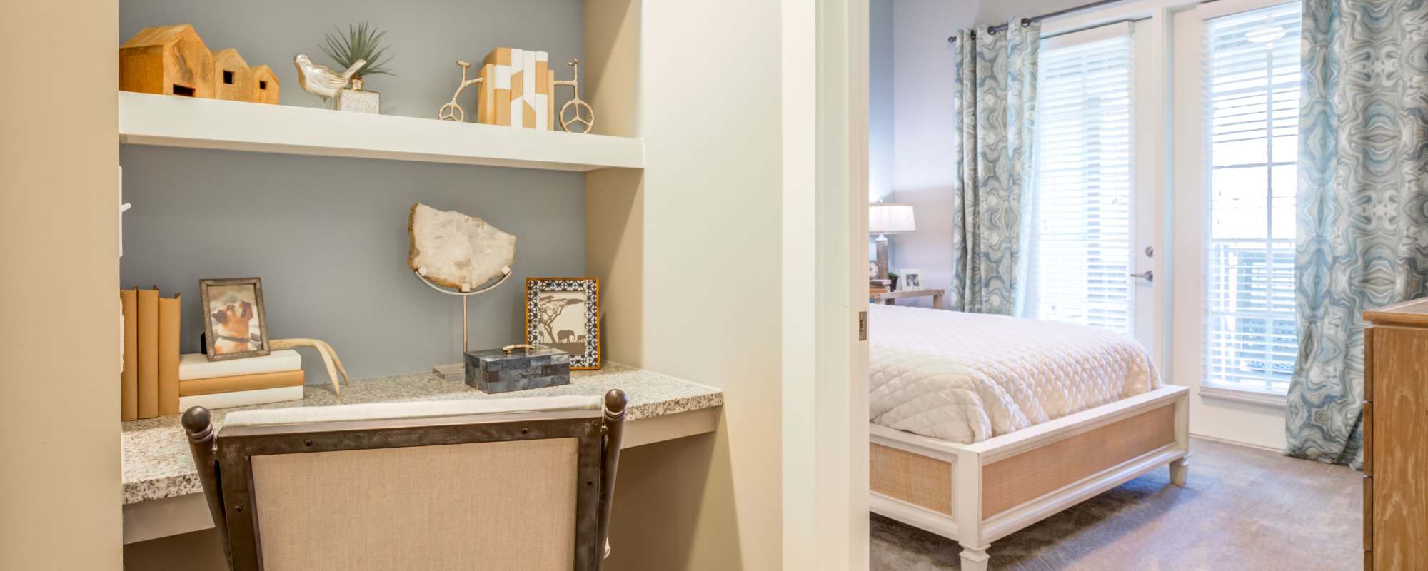 Bedroom with built in shelving at The Heyward in Charleston, South Carolina