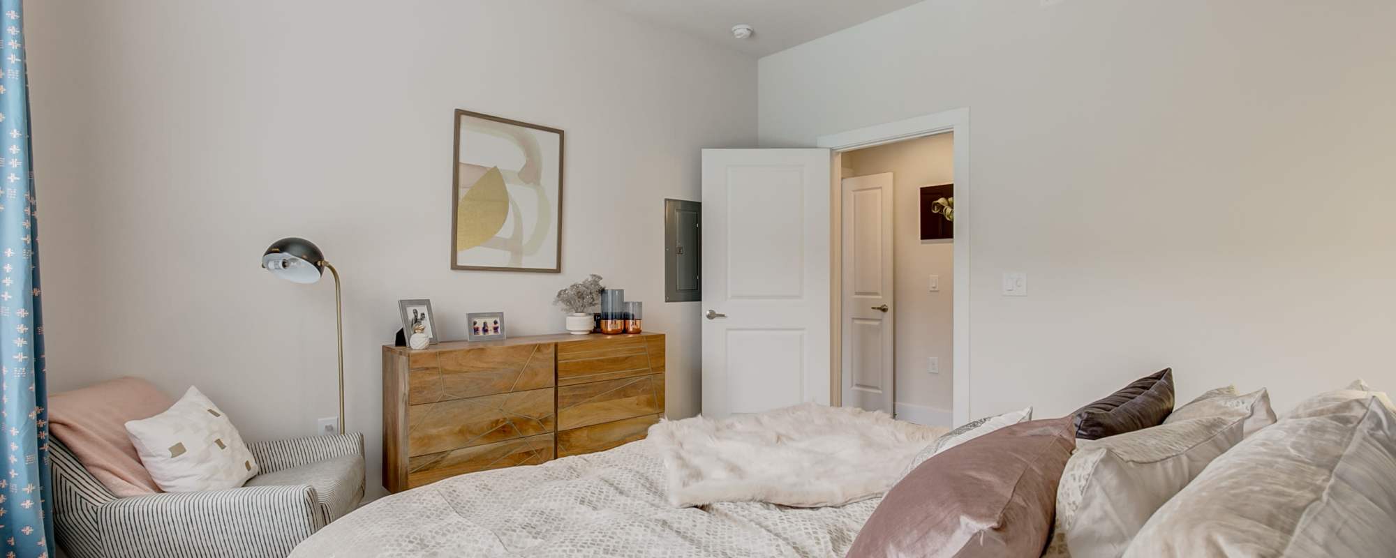 Bedroom with multiple storage units at Factory Design District in Dallas,Texas