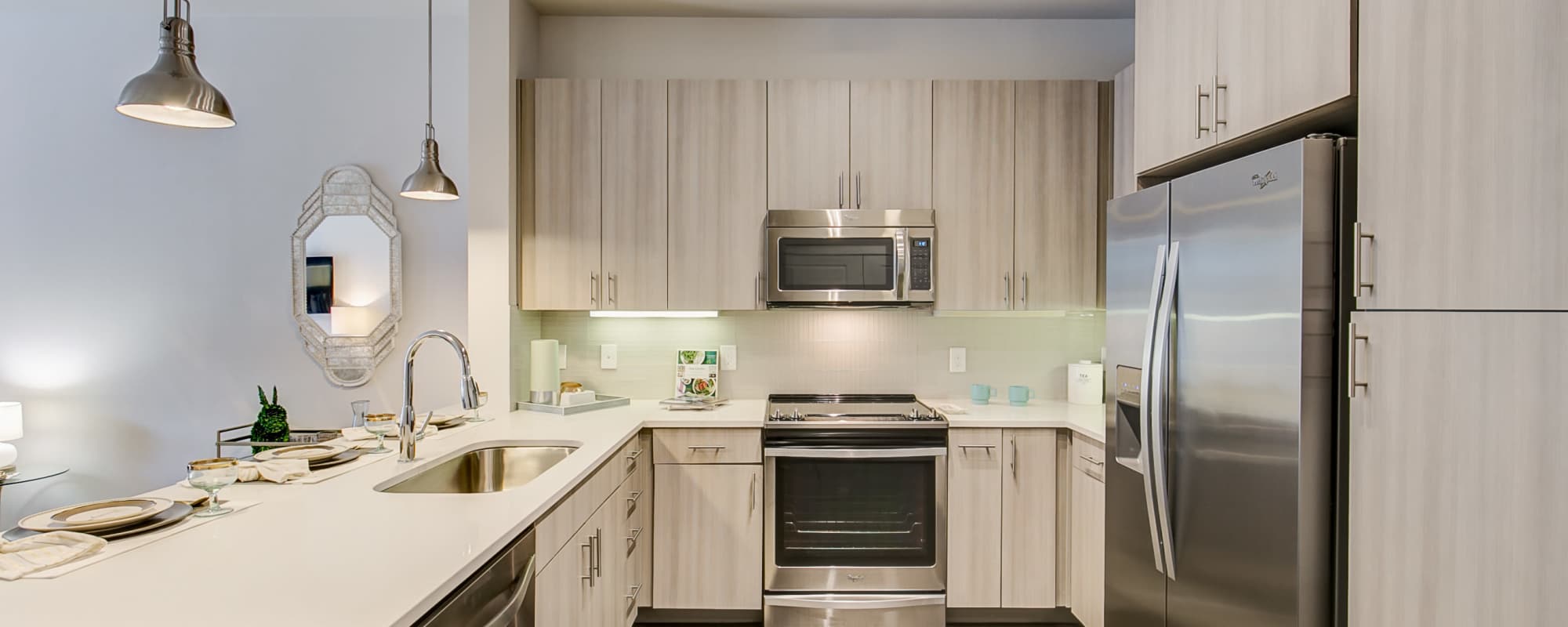 Classy kitchen with built-in microwave at Factory Design District in Dallas,Texas