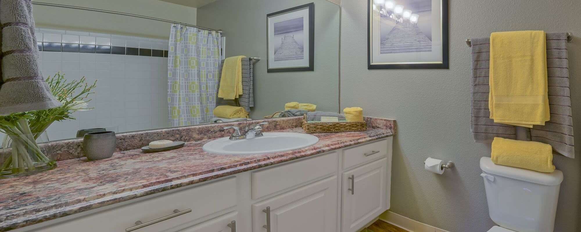 Well-lit bathroom with large mirror and lots of storage space at UTE Creek Apartments in Longmont, Colorado, 