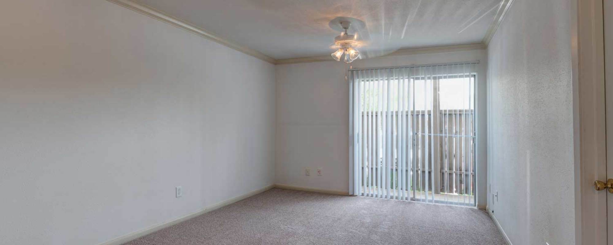 Carpeted bedroom with large window with blinds at Sharpstown Park in Houston, Texas
