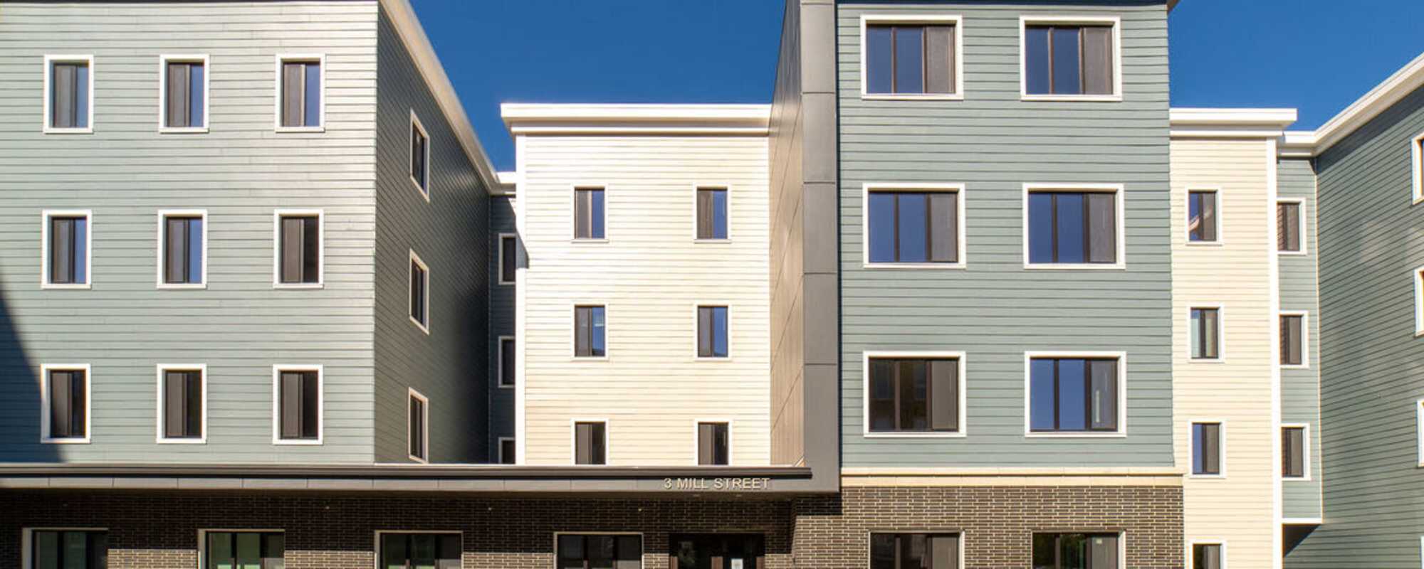 Exterior view of the apartment building at Solara in Tiverton, Rhode Island