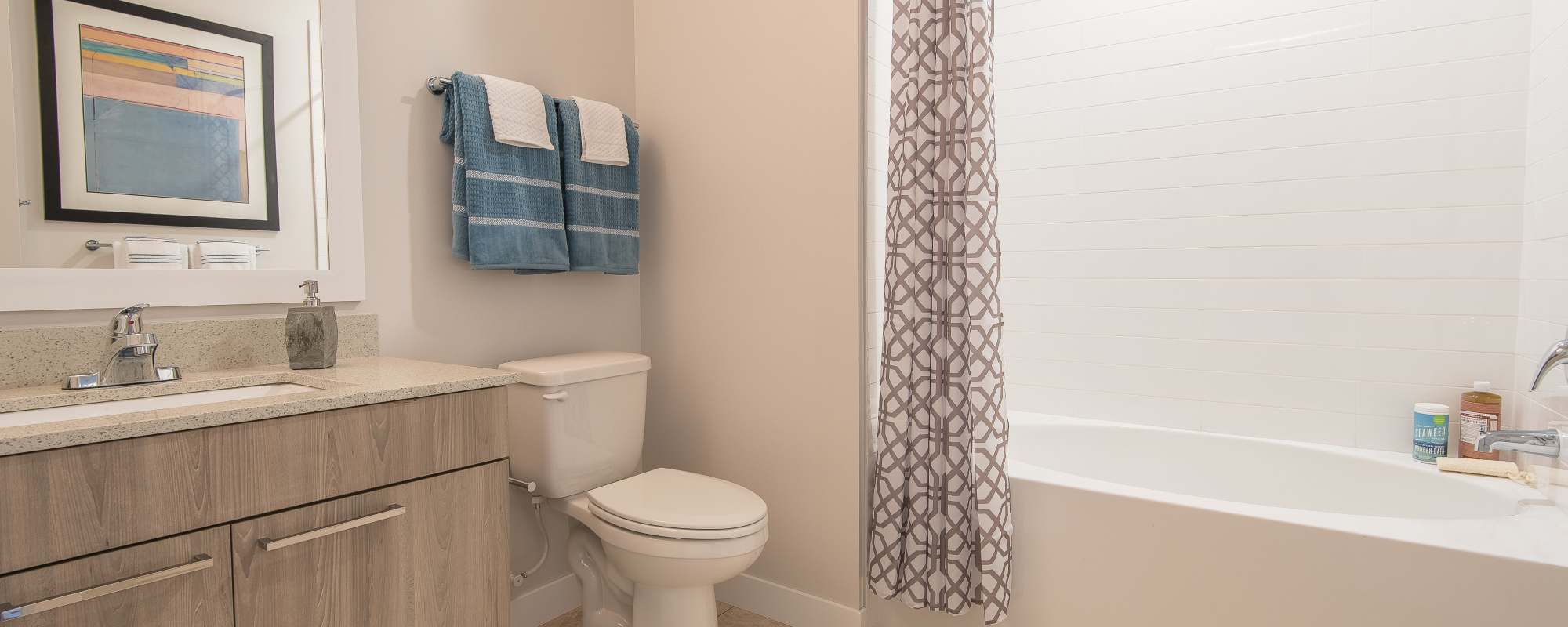 A room with toilet bowl and bathtub at Mayfair Reserve in Wauwatosa, Wisconsin