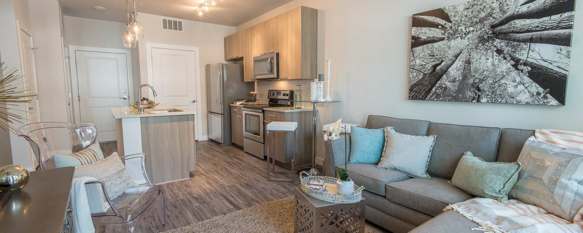 Cozy living room with modern furniture at Mayfair Reserve in Wauwatosa, Wisconsin