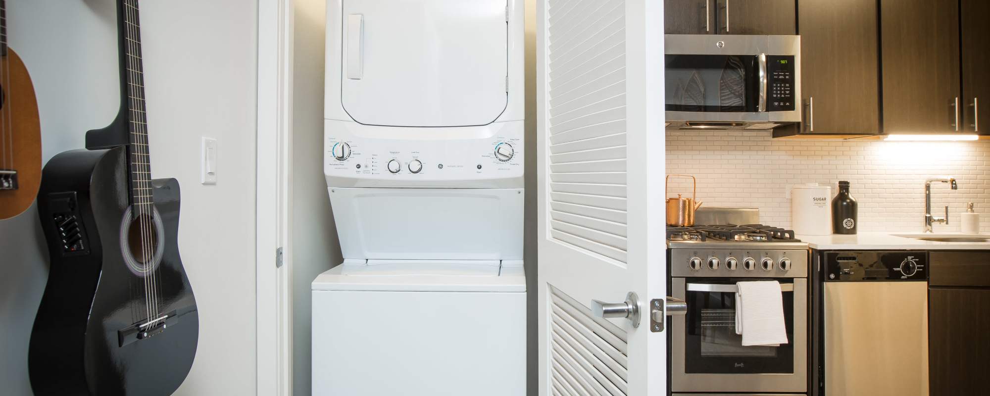 Stacked washer and dryer at Exhibit On Superior in Chicago, Illinois