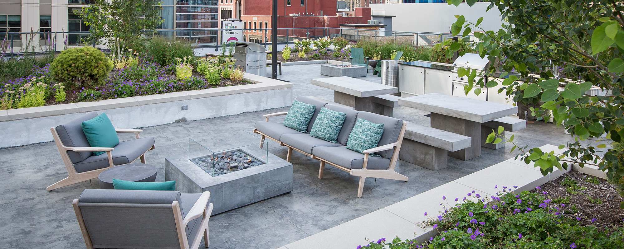 Firepit seating on the deck at Exhibit On Superior in Chicago, Illinois