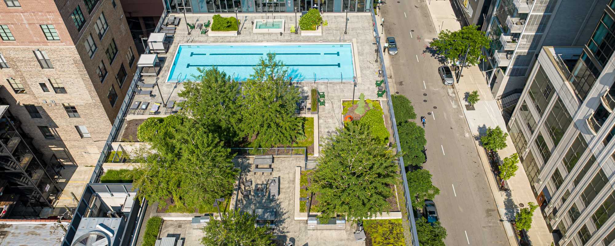 Pool and deck from above at Exhibit On Superior in Chicago, Illinois