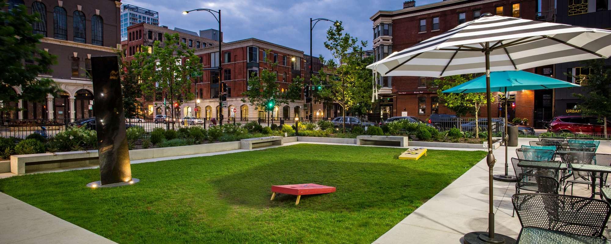 Games on the lawn at Exhibit On Superior in Chicago, Illinois