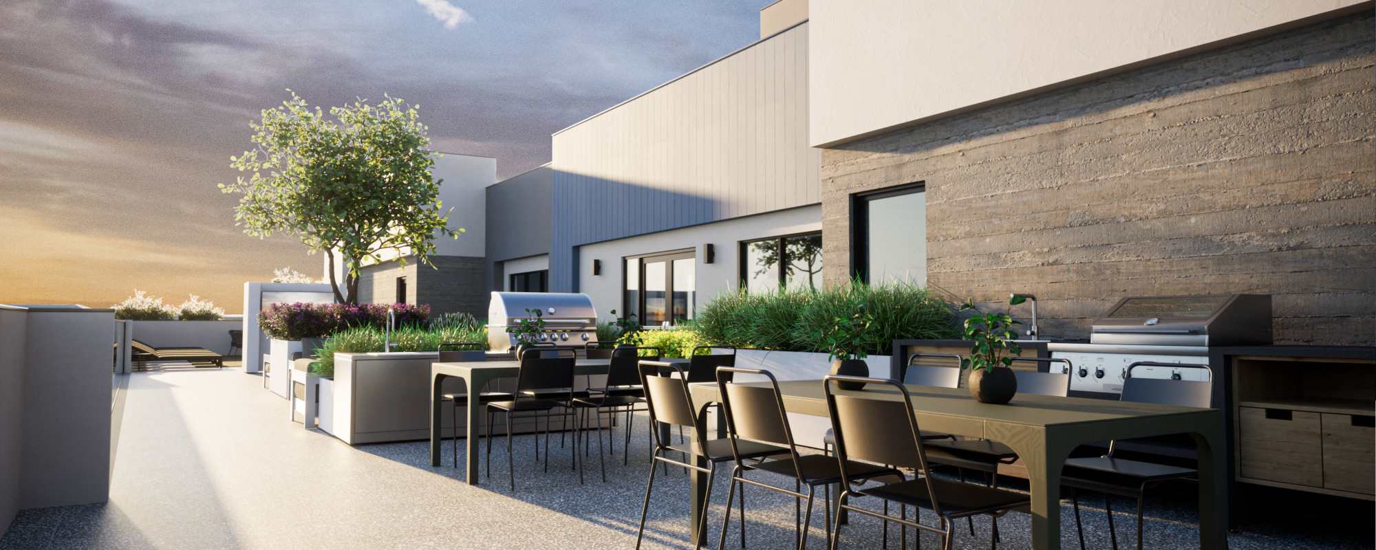 Rooftop lounge area with grill station at Vivien in Los Angeles, California 