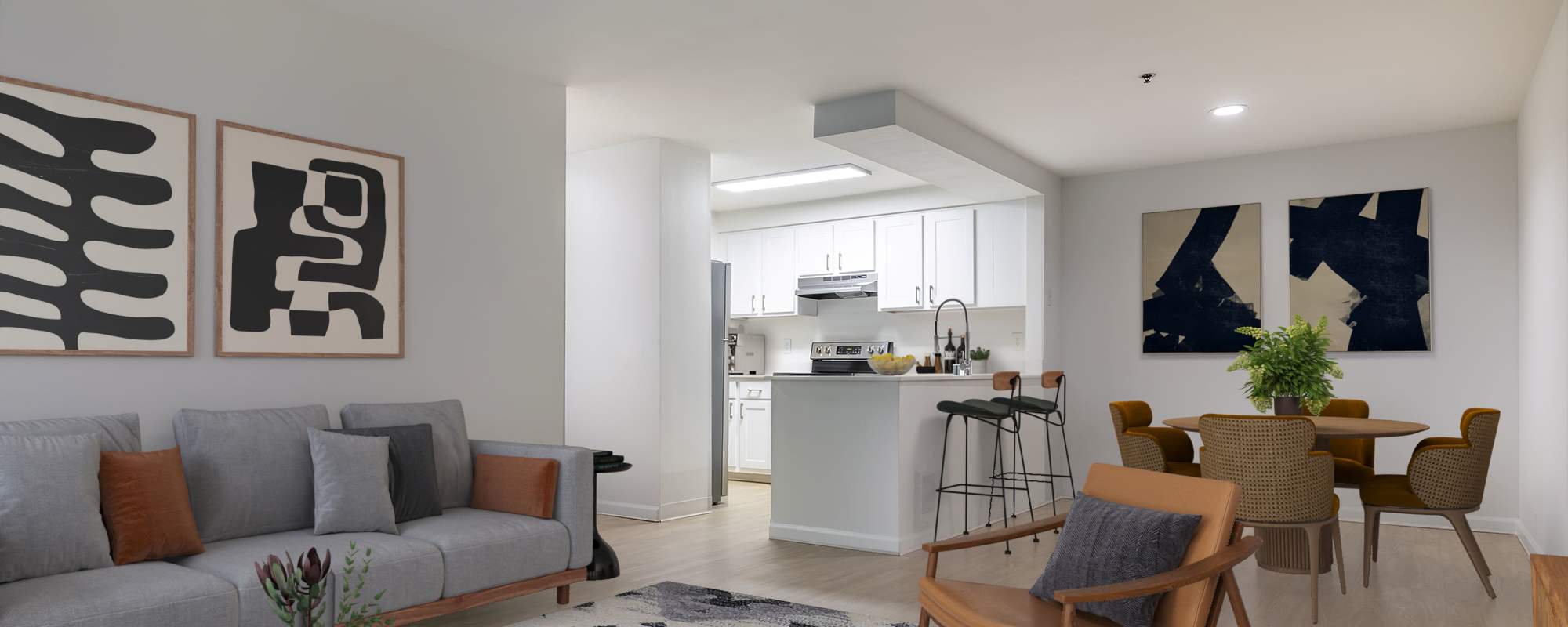 Modern and spacious living room at The Docks at Redmond Lakeview in Redmond, Washington