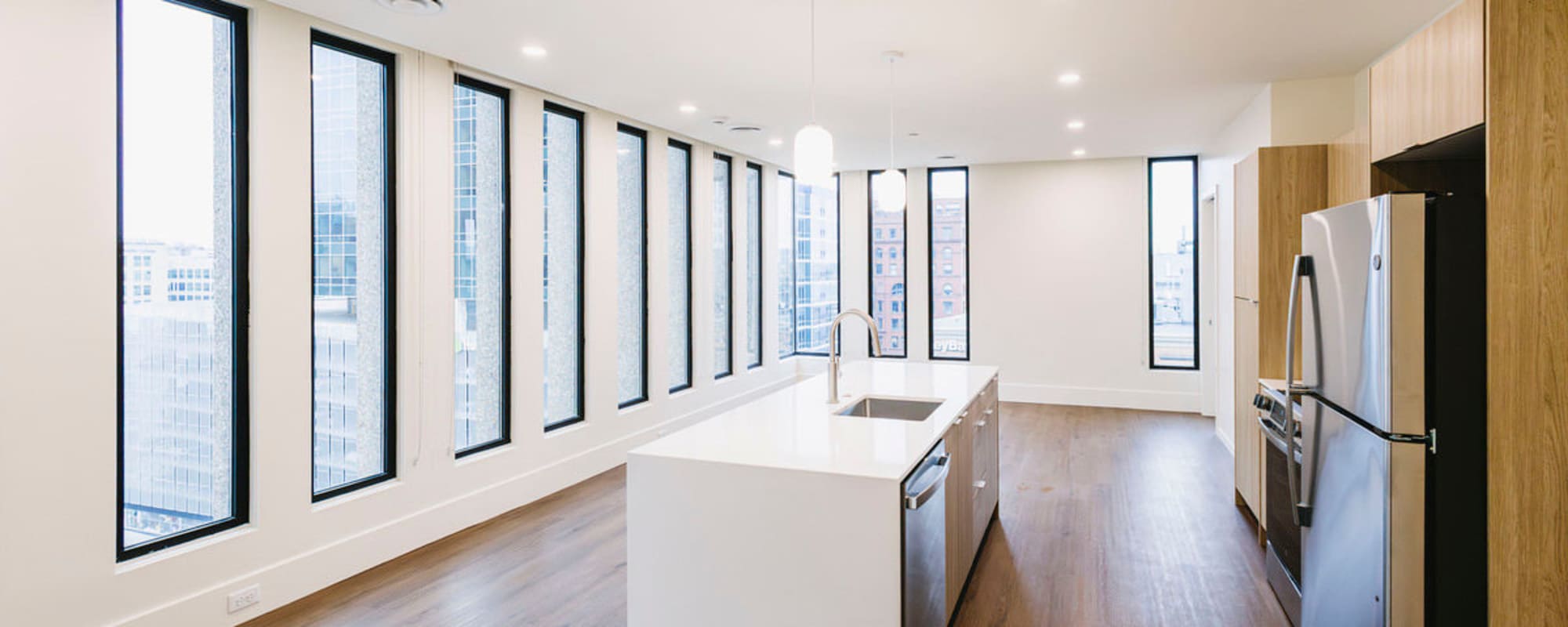 Bright kitchen with stainless steel appliances, granite countertops, and wood-style flooring, large windows providing natural light at Residences at 111 Lyon in Grand Rapids, Michigan