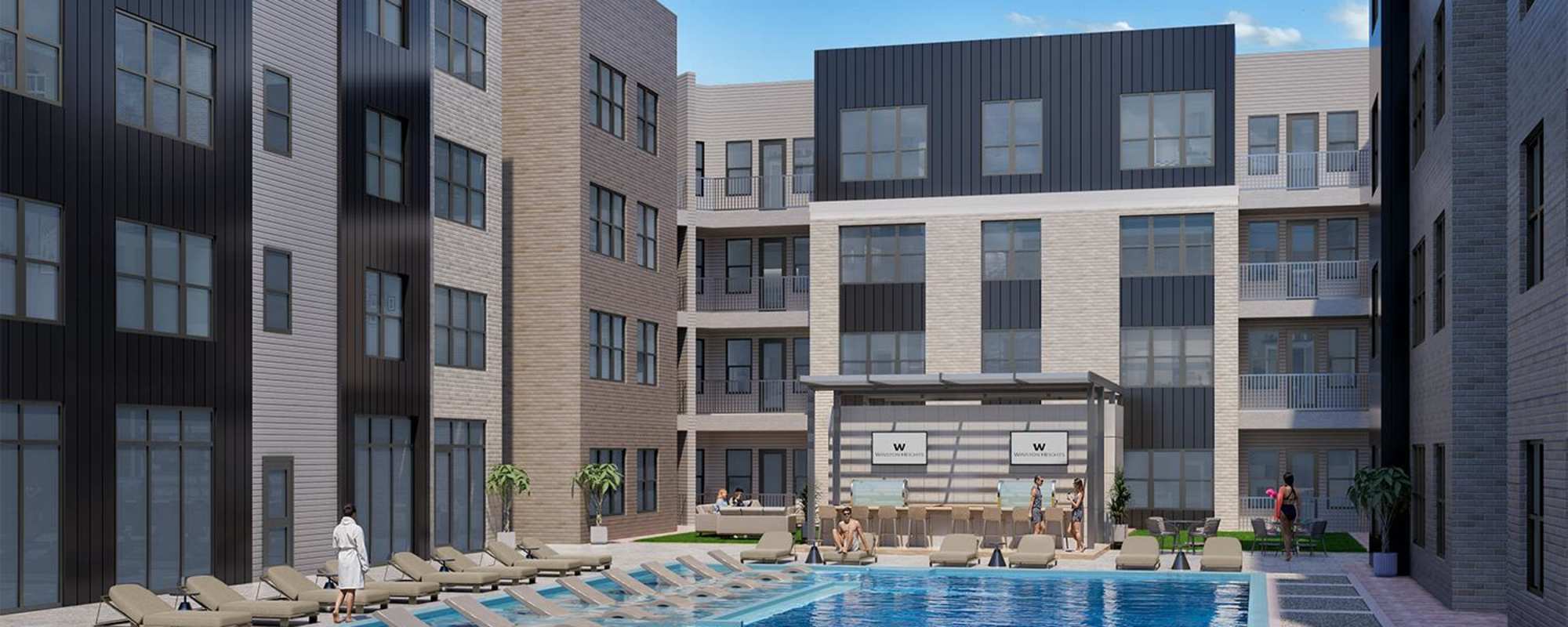 Pool, Sundeck, and Outdoor Grill Lounge with Cabanas at Winston Heights Apartments.