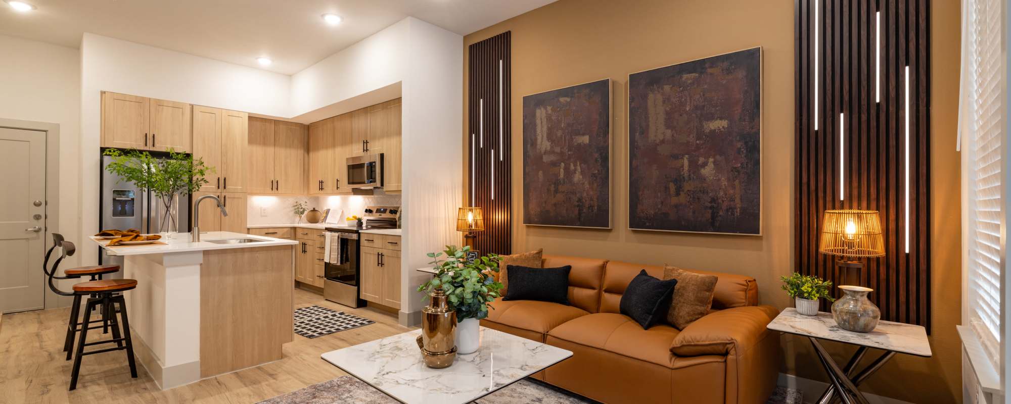 Living room and kitchen in an apartment at Winston Heights.