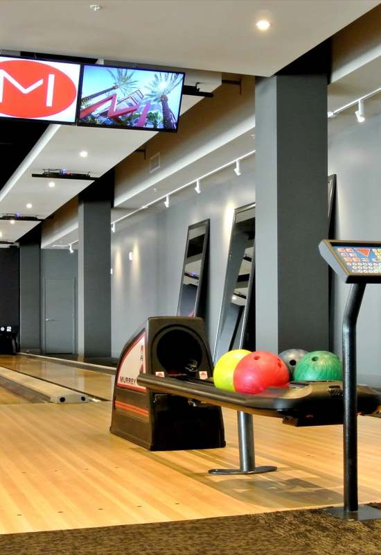 Bowling lanes at The Marke Apartment Homes in Santa Ana, California