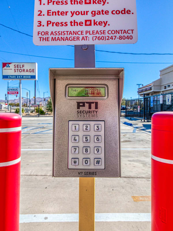 Keypad leading into the gated entry at Devon Self Storage in Apple Valley, California