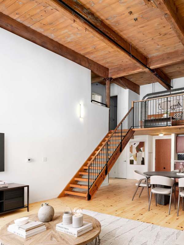 Exposed beams in a loft at Abbot Mill in Westford, Massachusetts