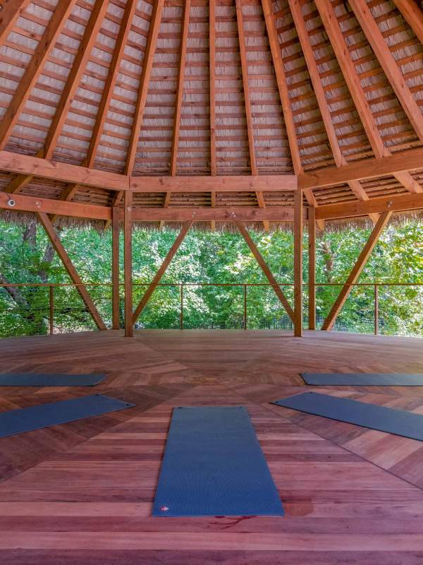 Yoga mats under a gazebo at Affinitee at Pine Lake in Stone Mountain, Georgia