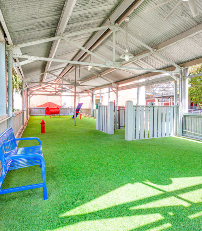 Pet-friendly bark park at American Can Apartments in New Orleans, Louisiana
