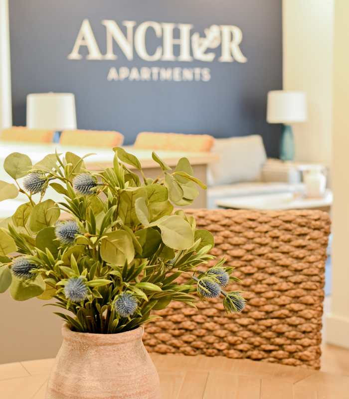 Clubhouse lounge with an indoor plant and a basket at Anchor Apartments in Freeport, FL