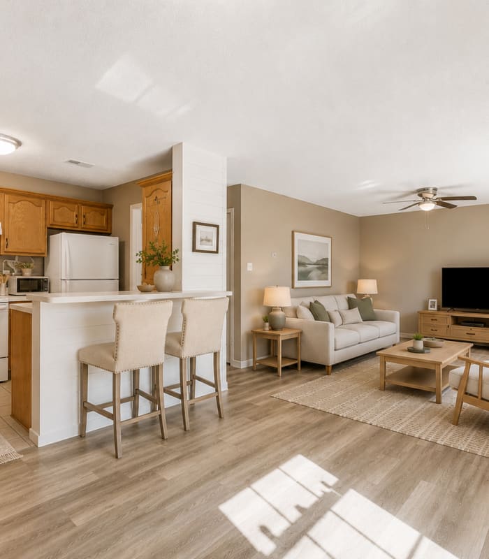 Open dining and living room at the Asheville community by Creekside Living in Weaverville, North Carolina 