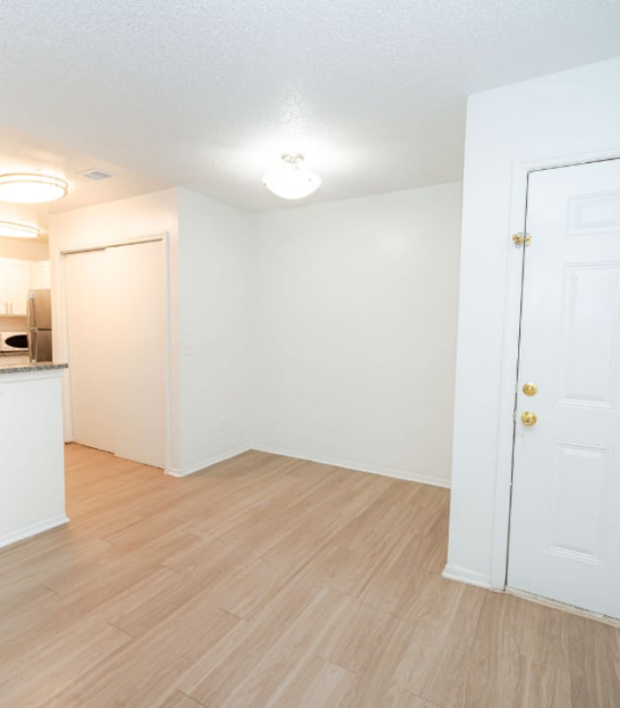 Open living area with wood-look flooring, kitchen pass-through and white entry door at Huntington Reserve in Sanford, Florida