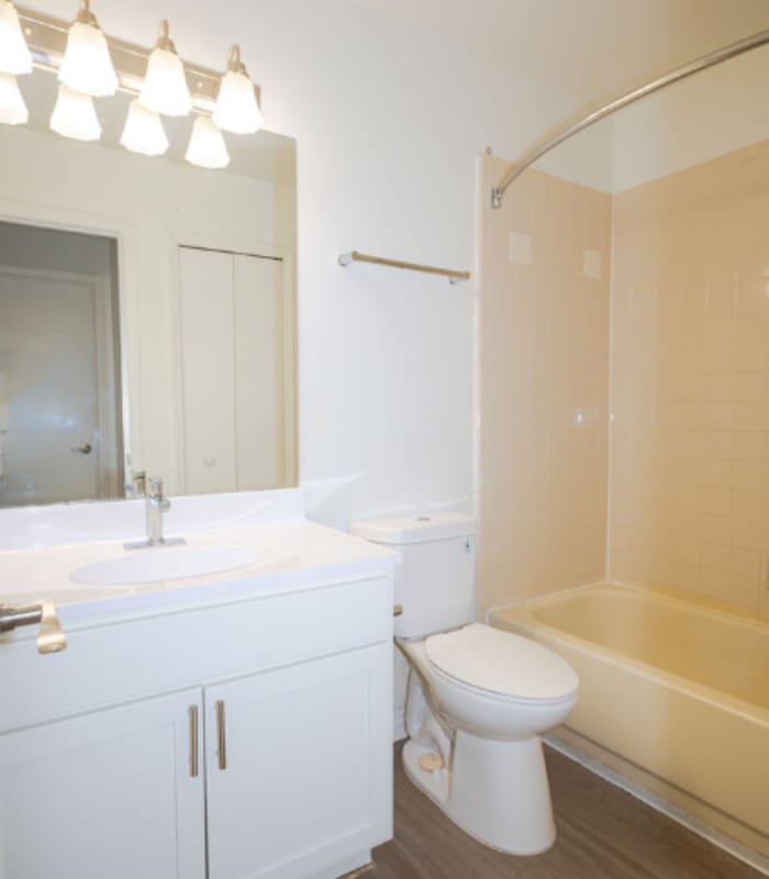 Bathroom with white vanity, toilet and tub with tan tile surround at Huntington Reserve in Sanford, Florida