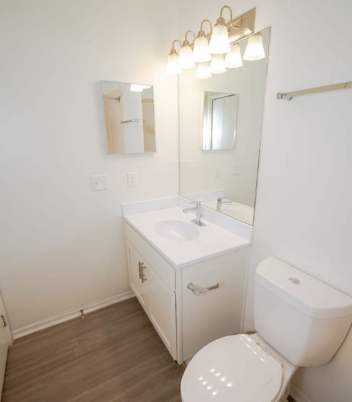 Bathroom with white vanity, lighted mirror and toilet at Huntington Reserve in Sanford, Florida