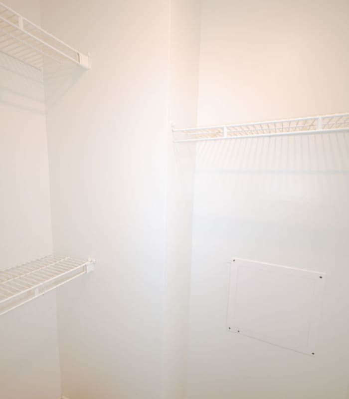Empty closet with wire shelving and wood-look flooring at Huntington Reserve in Sanford, Florida