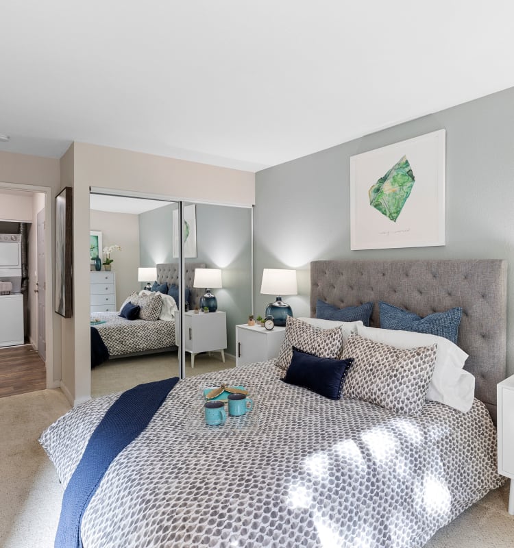 Primary bedroom of a model home at Sofi at Somerset in Bellevue, Washington