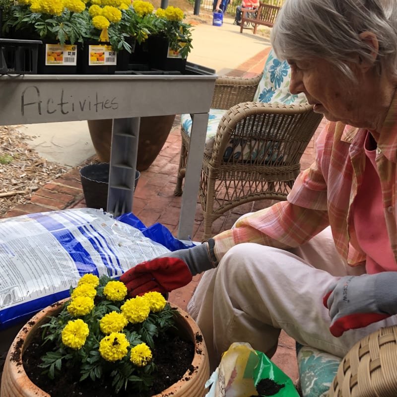 Resident planting flowers at The Florence Presbyterian Community in Florence, South Carolina