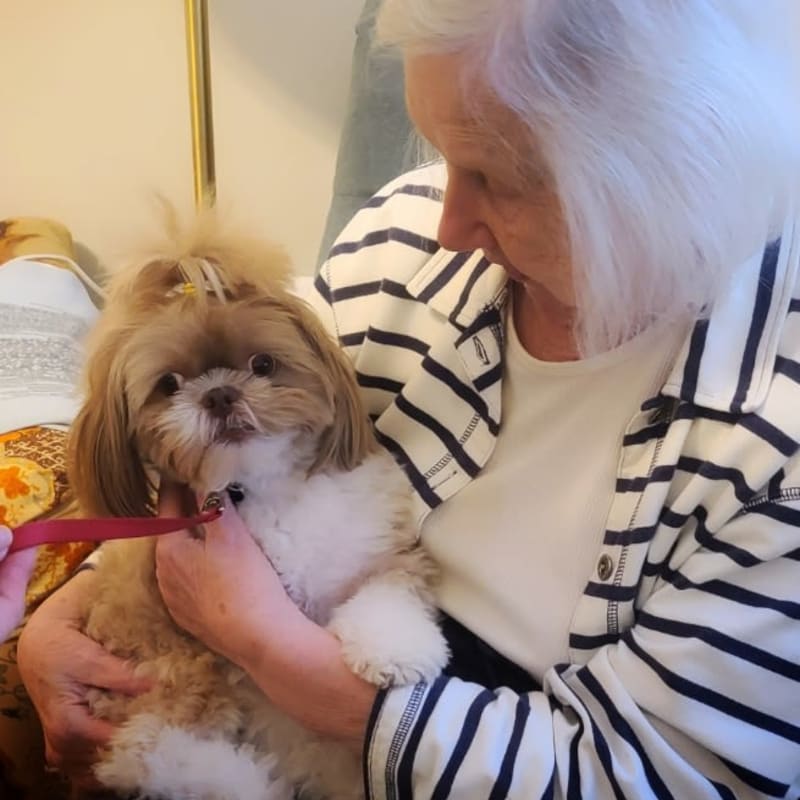 Resident with her shih tzu dog at The Village at Summerville in Summerville, South Carolina