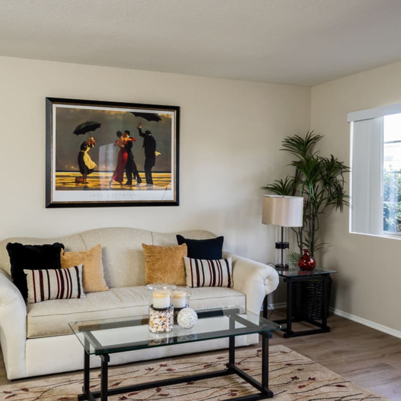 Model living room at Vista Alicante in La Mirada, California