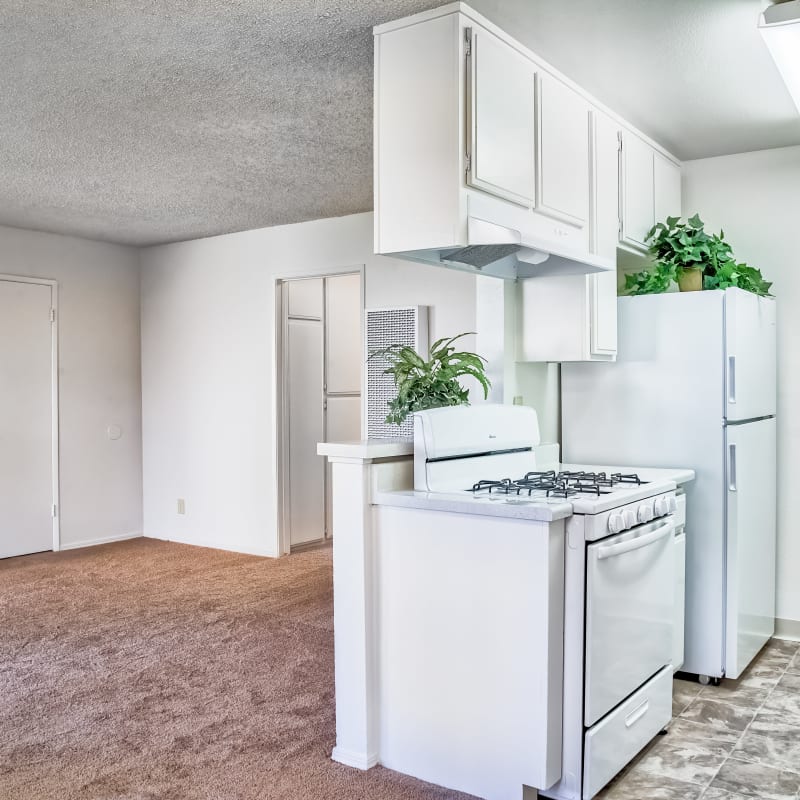 Kitchen and living room at The Palms Apartments in Rowland Heights, California